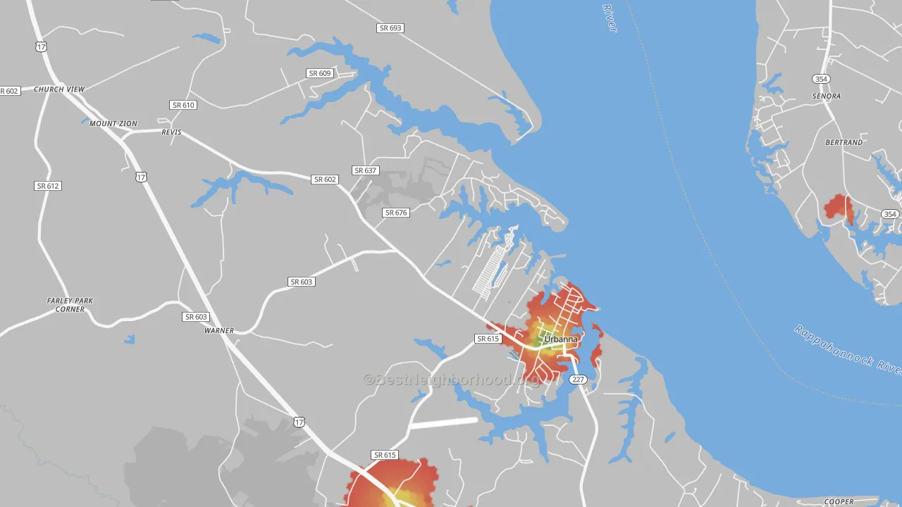 Walk Grade map of Urbanna, VA, walkable areas in green and car-dependent areas in red