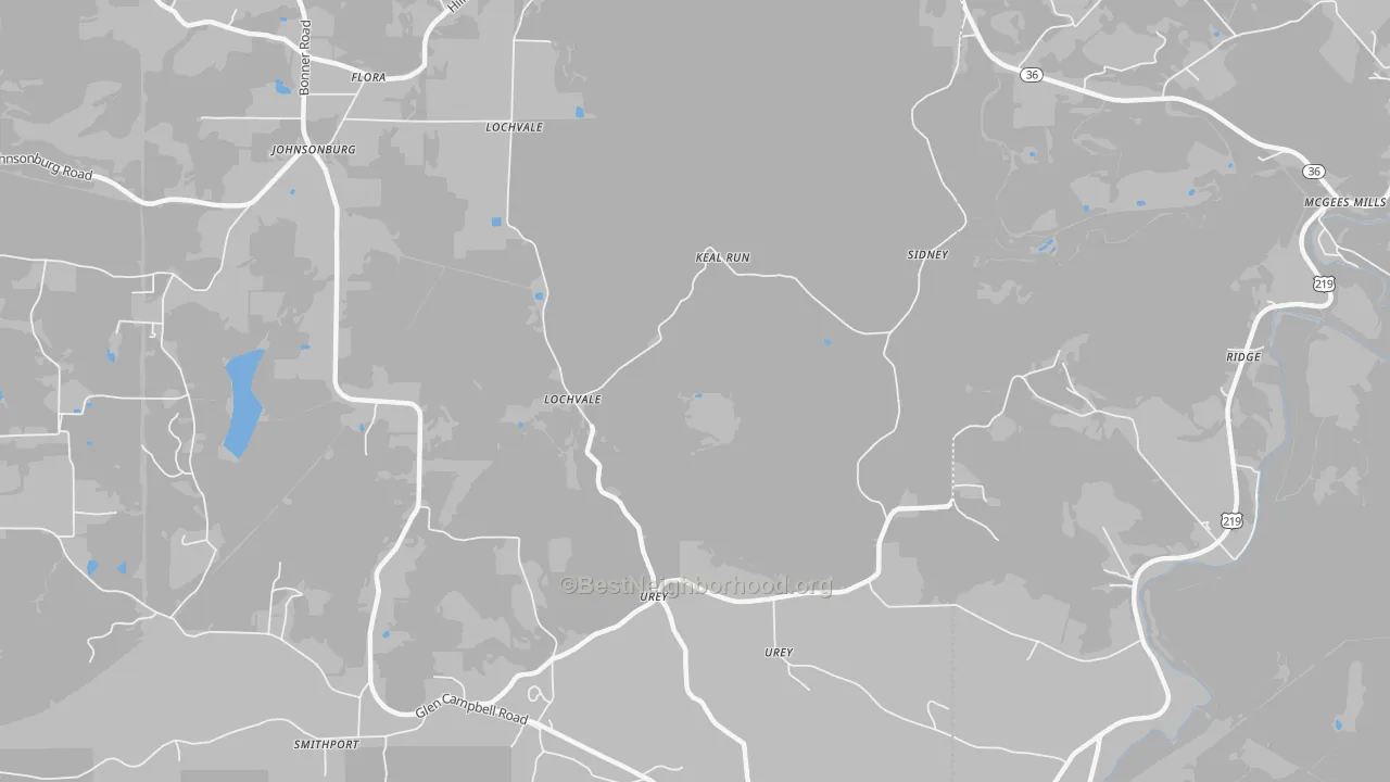 Walk Grade map of Urey, PA, walkable areas in green and car-dependent areas in red