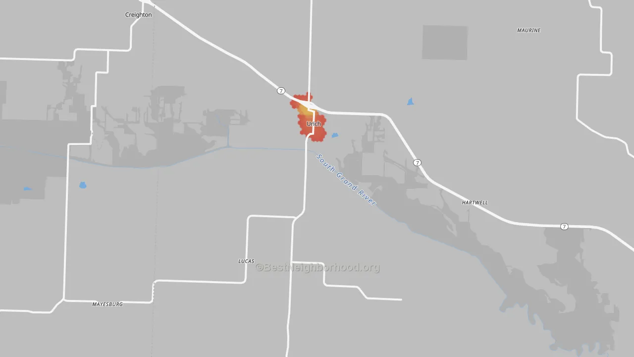 Walk Grade map of Urich, MO, walkable areas in green and car-dependent areas in red