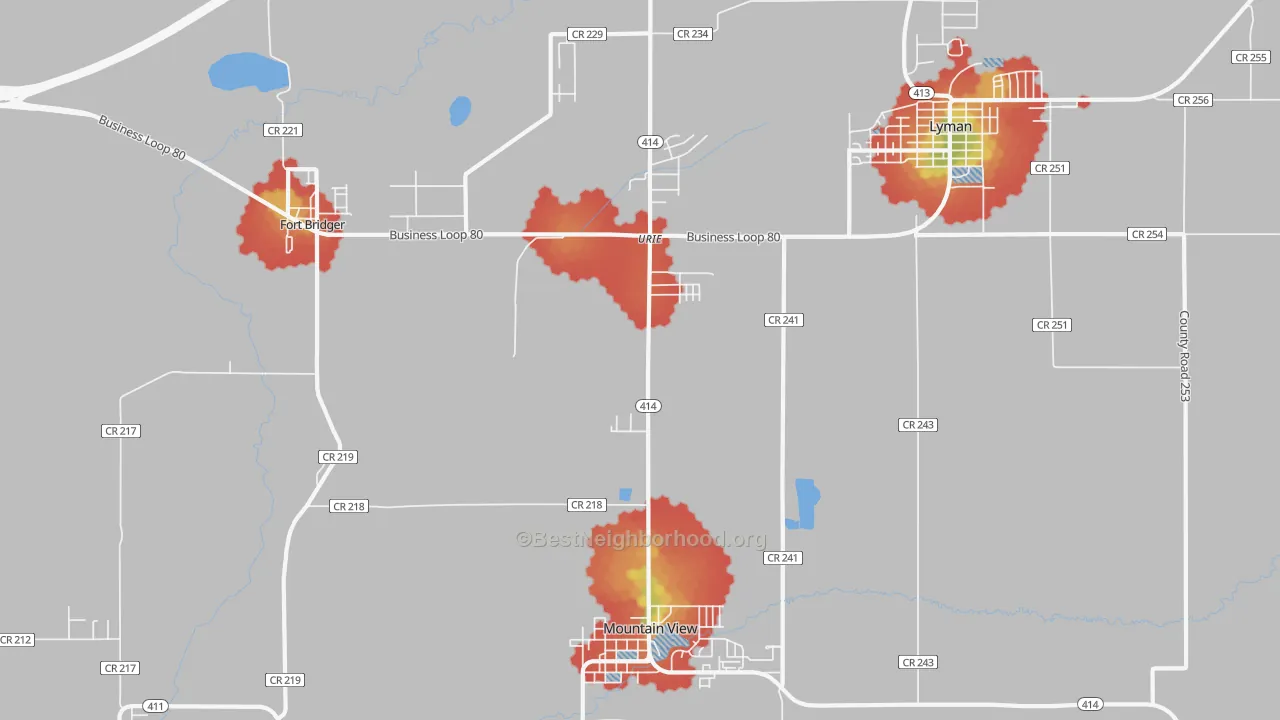 Walk Grade map of Urie, WY, walkable areas in green and car-dependent areas in red