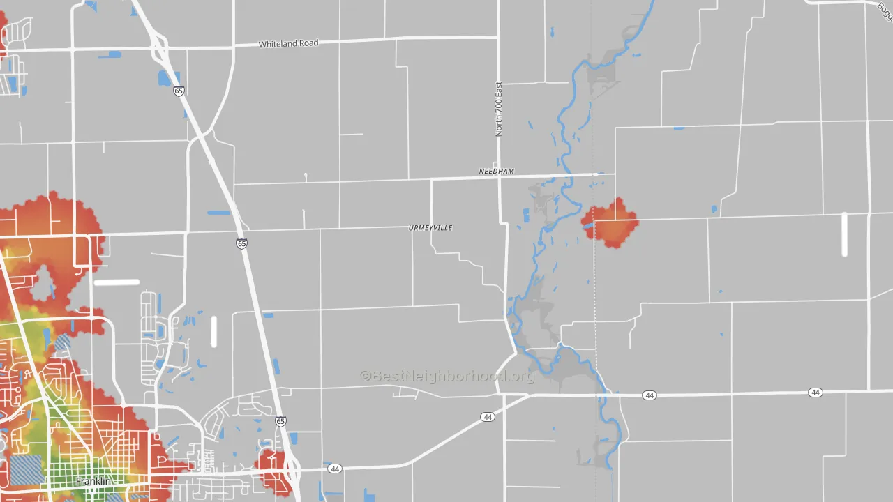 Walk Grade map of Urmeyville, IN, walkable areas in green and car-dependent areas in red