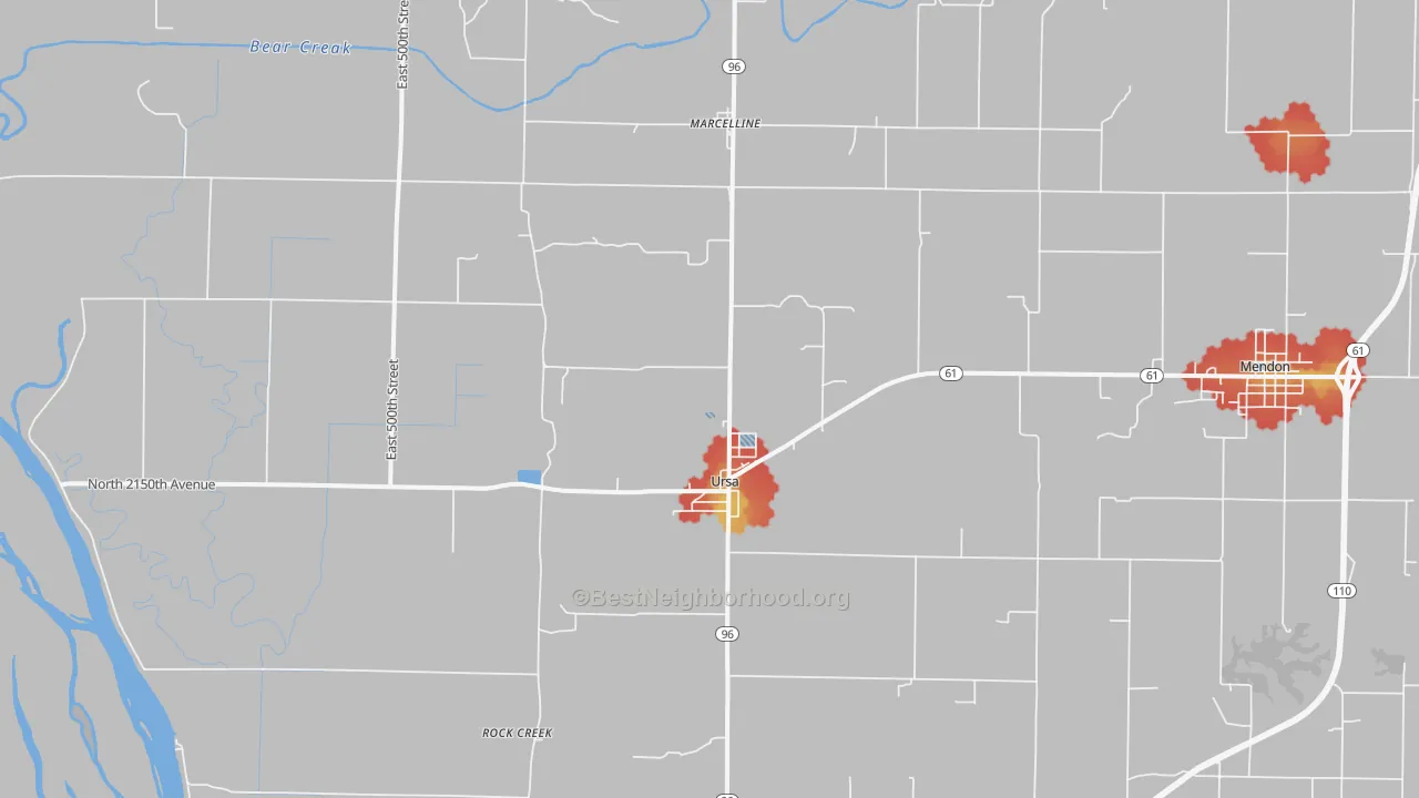 Walk Grade map of Ursa, IL, walkable areas in green and car-dependent areas in red