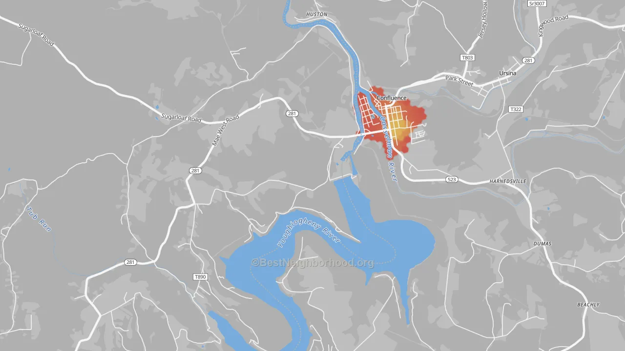 Walk Grade map of Ursina Junction, PA, walkable areas in green and car-dependent areas in red