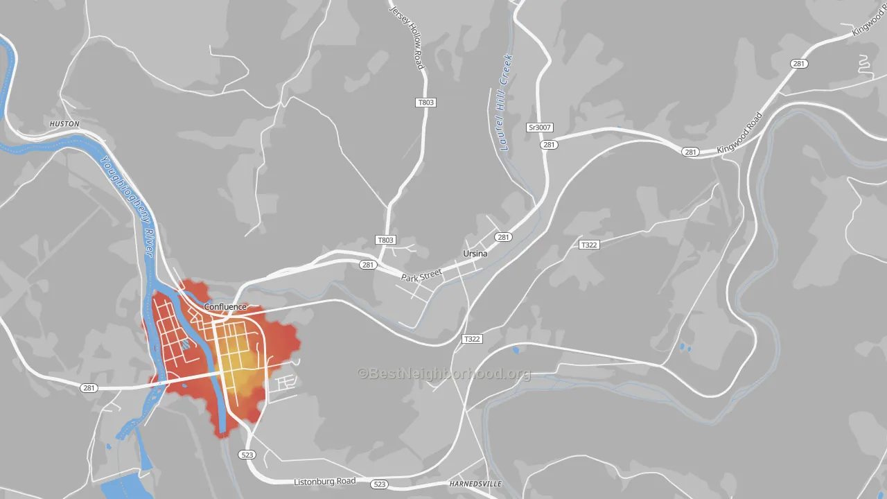 Walk Grade map of Ursina, PA, walkable areas in green and car-dependent areas in red