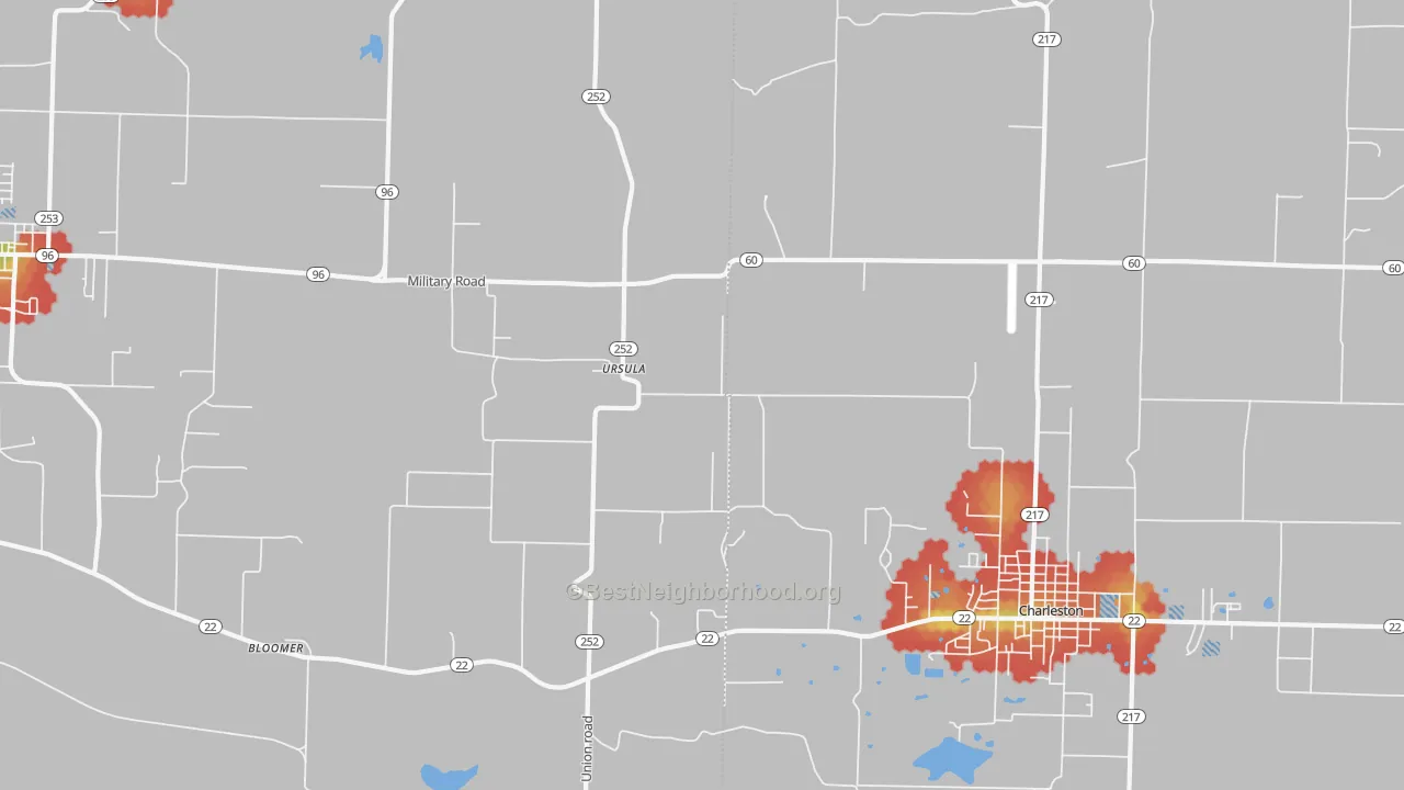 Walk Grade map of Ursula, AR, walkable areas in green and car-dependent areas in red