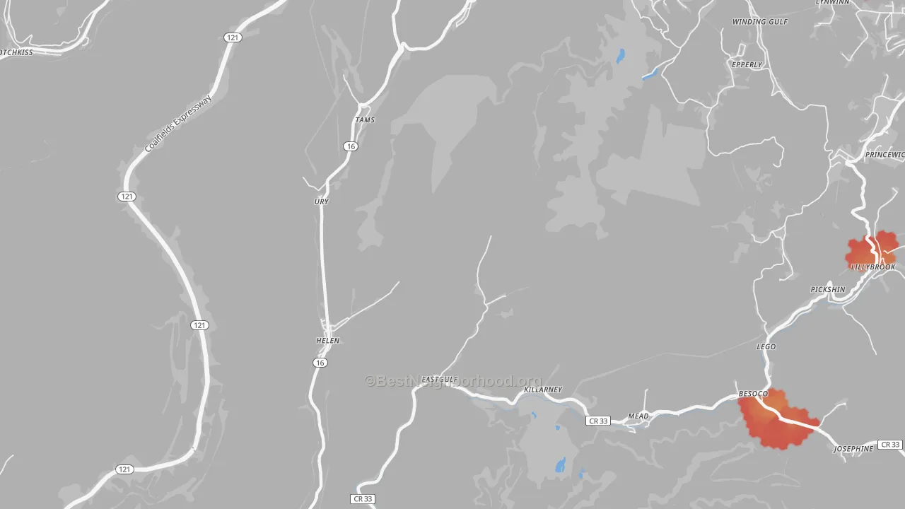 Walk Grade map of Ury, WV, walkable areas in green and car-dependent areas in red