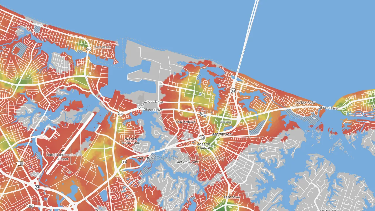 Walk Grade map of US Navy Little Creek Amphibious Base, Norfolk, VA, walkable areas in green and car-dependent areas in red