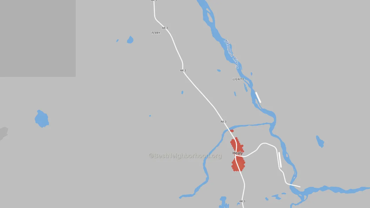 Walk Grade map of Usibelli, AK, walkable areas in green and car-dependent areas in red