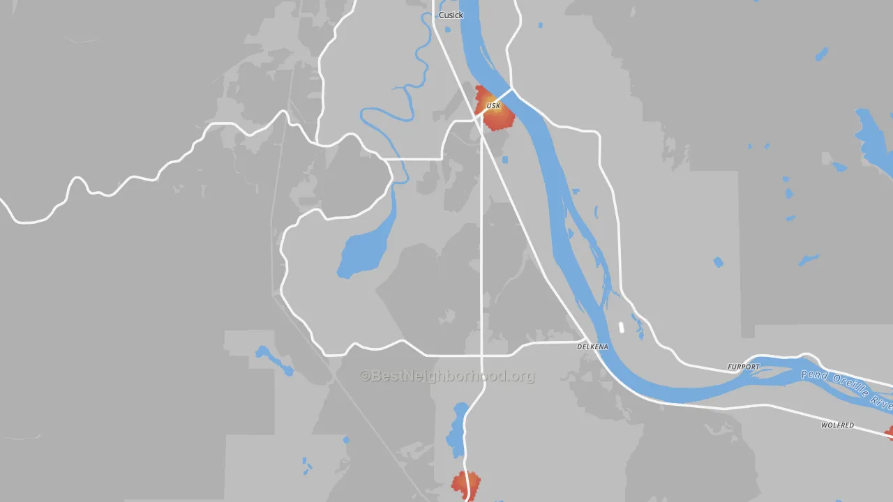 Walk Grade map of Usk, WA, walkable areas in green and car-dependent areas in red