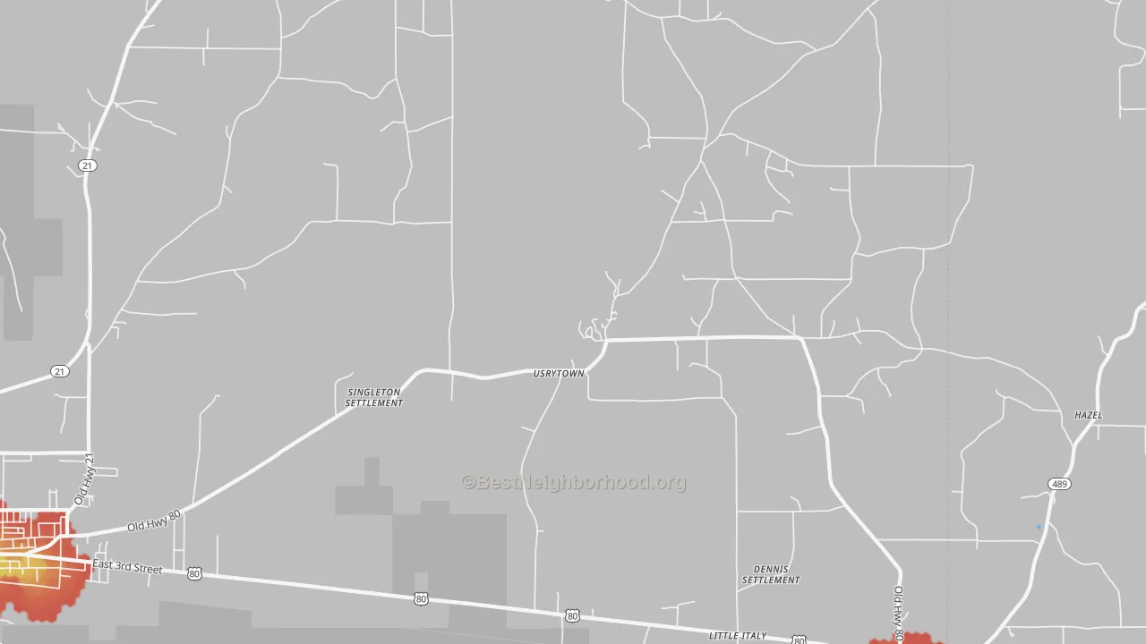 Walk Grade map of Usrytown, MS, walkable areas in green and car-dependent areas in red