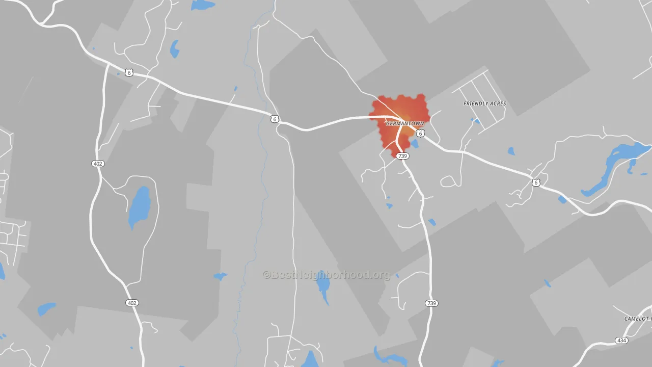 Walk Grade map of Uswick, PA, walkable areas in green and car-dependent areas in red