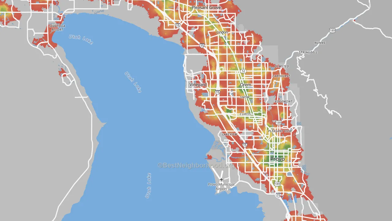 Walk Grade map of Utah County, UT, walkable areas in green and car-dependent areas in red