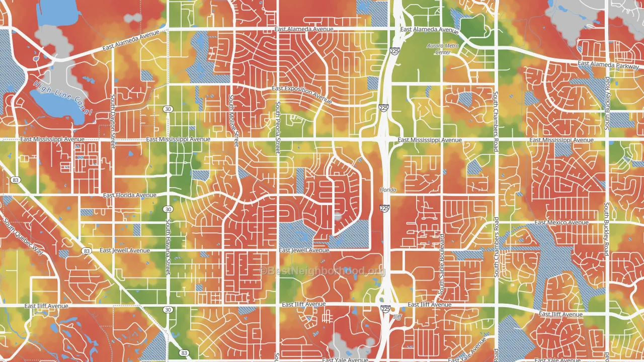 Walk Grade map of Utah Park, Aurora, CO, walkable areas in green and car-dependent areas in red