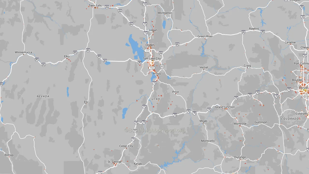 Walk Grade map of Utah, walkable areas in green and car-dependent areas in red