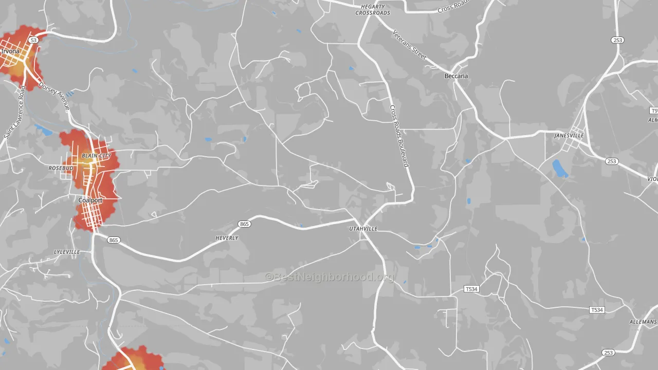 Walk Grade map of Utahville, PA, walkable areas in green and car-dependent areas in red