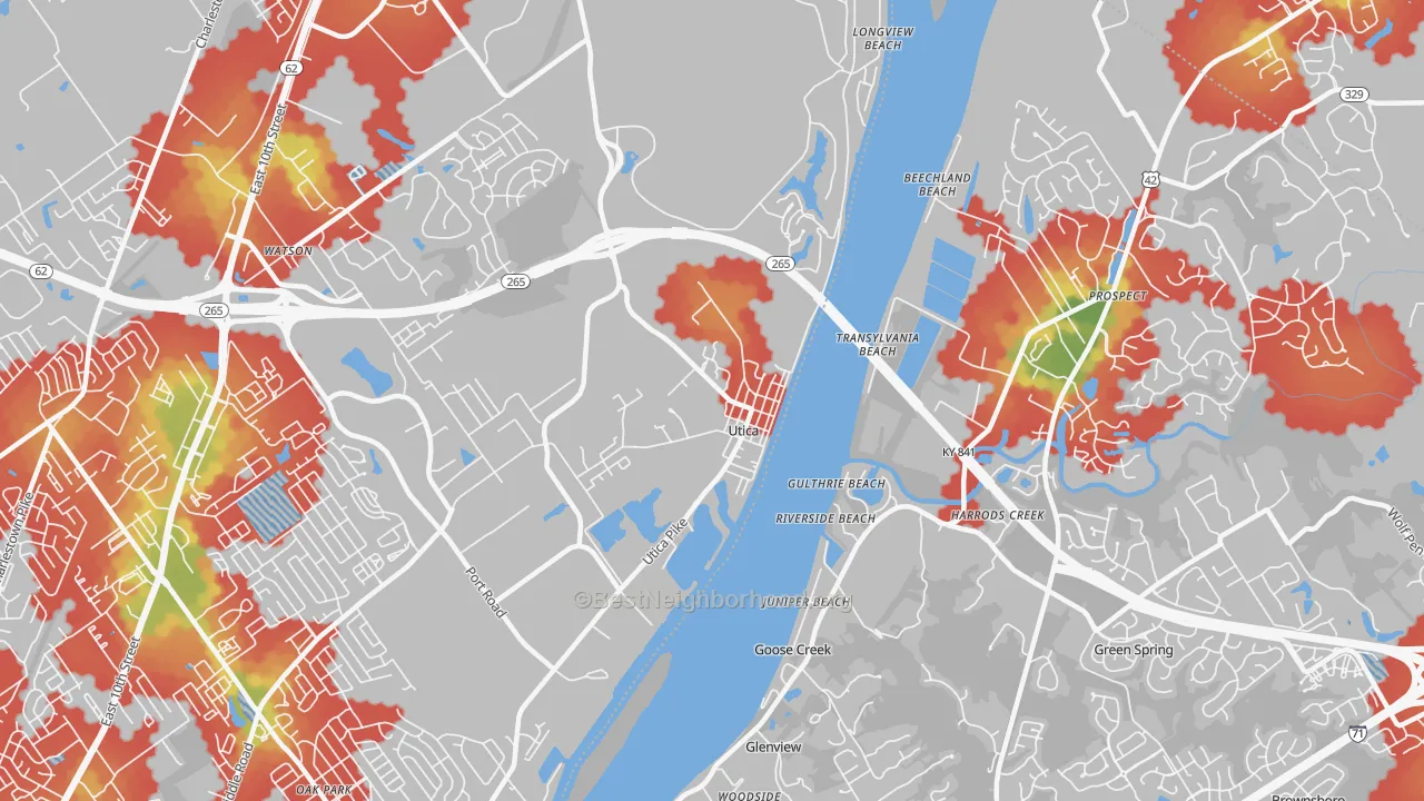 Walk Grade map of Utica, IN, walkable areas in green and car-dependent areas in red