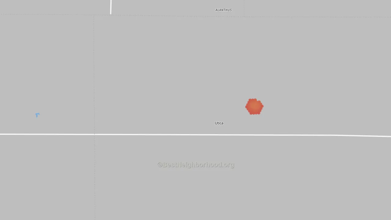 Walk Grade map of Utica, KS, walkable areas in green and car-dependent areas in red