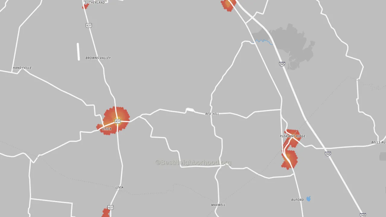 Walk Grade map of Utica, KY, walkable areas in green and car-dependent areas in red