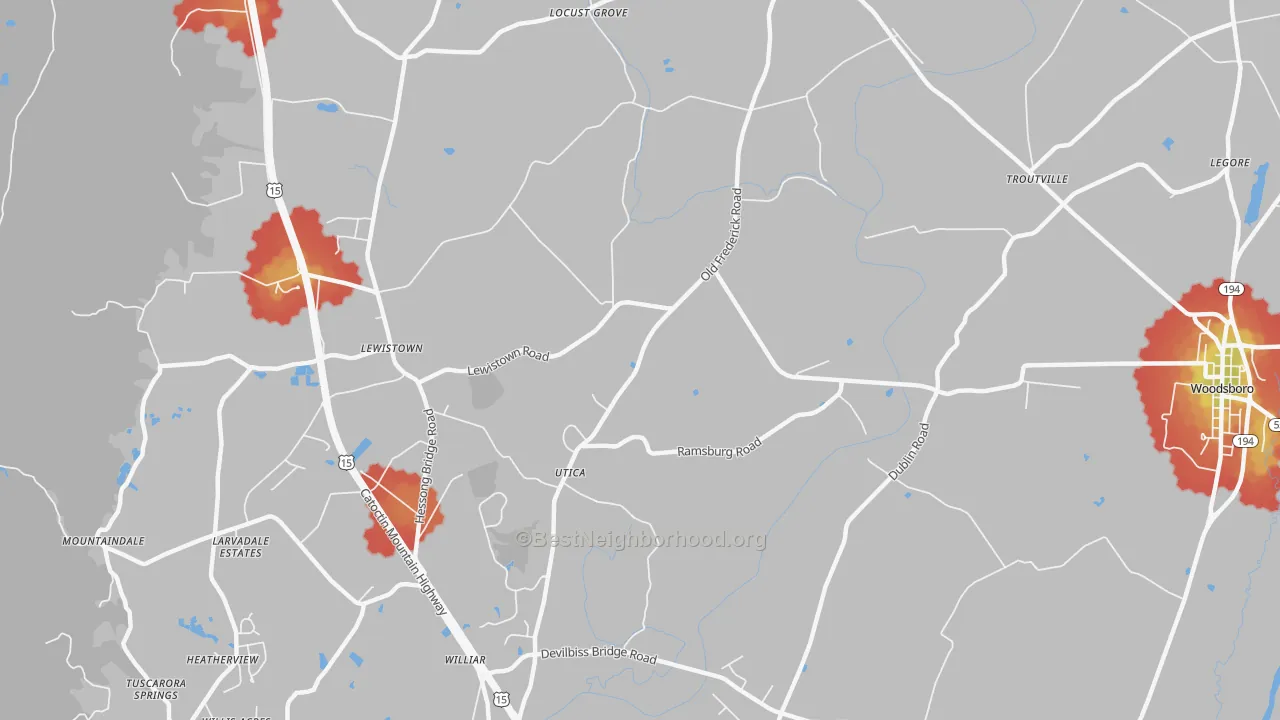Walk Grade map of Utica, MD, walkable areas in green and car-dependent areas in red