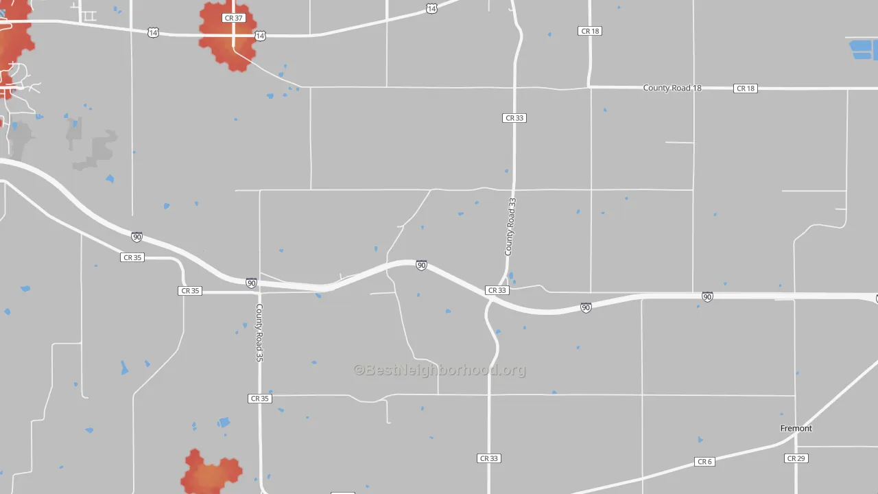 Walk Grade map of Utica, MN, walkable areas in green and car-dependent areas in red