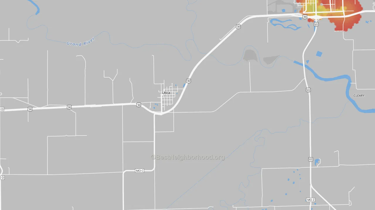 Walk Grade map of Utica, MO, walkable areas in green and car-dependent areas in red