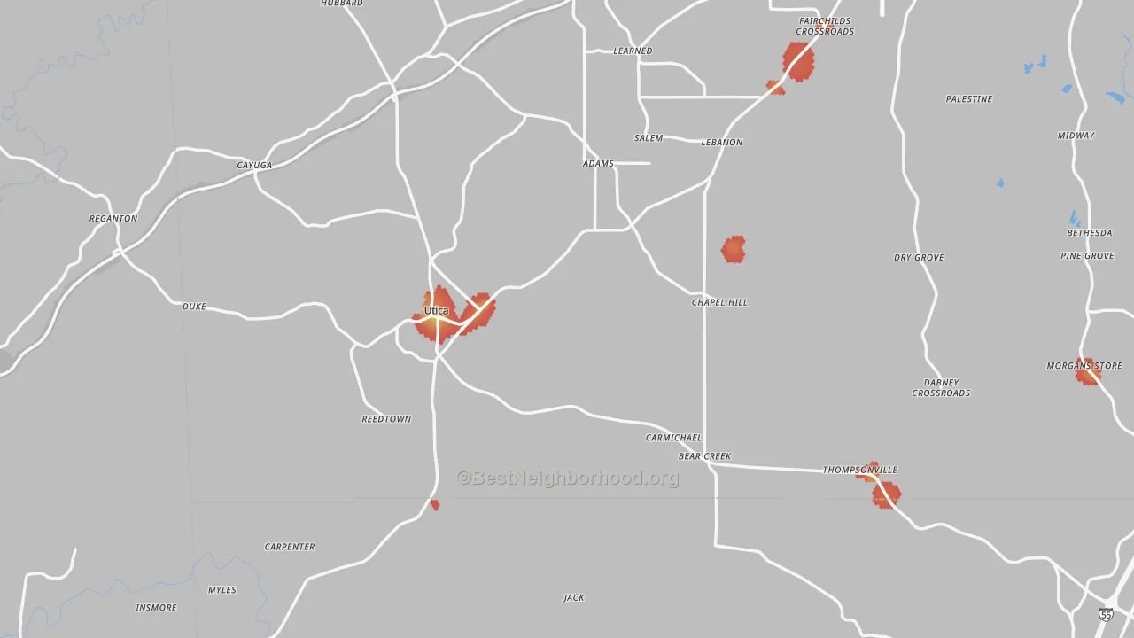Walk Grade map of Utica, MS, walkable areas in green and car-dependent areas in red