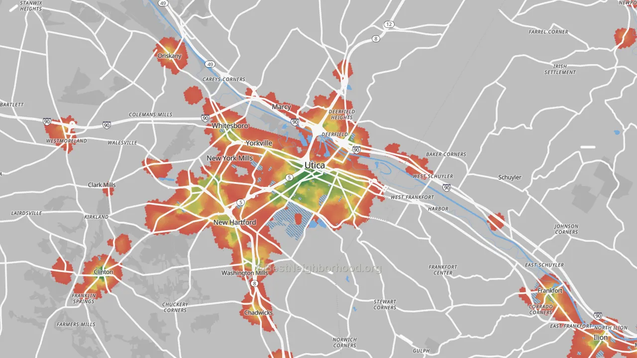 Walk Grade map of Utica, NY, walkable areas in green and car-dependent areas in red