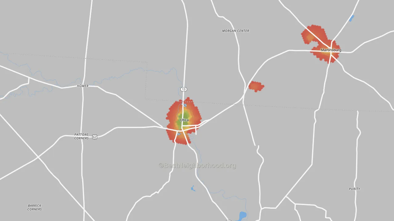 Walk Grade map of Utica, OH, walkable areas in green and car-dependent areas in red