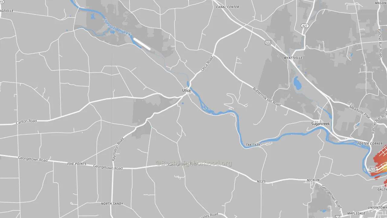 Walk Grade map of Utica, PA, walkable areas in green and car-dependent areas in red