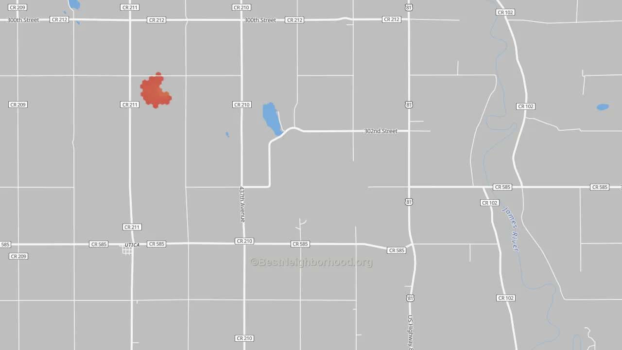 Walk Grade map of Utica, SD, walkable areas in green and car-dependent areas in red