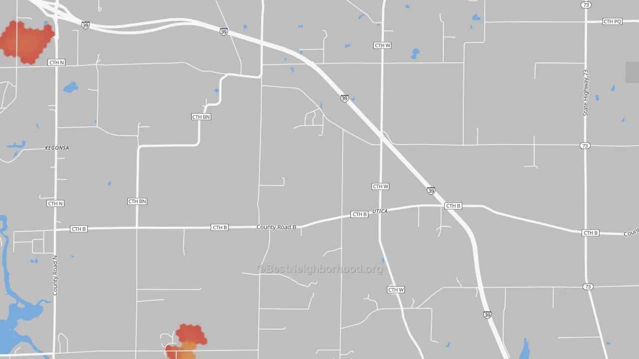 Walk Grade map of Utica, WI, walkable areas in green and car-dependent areas in red