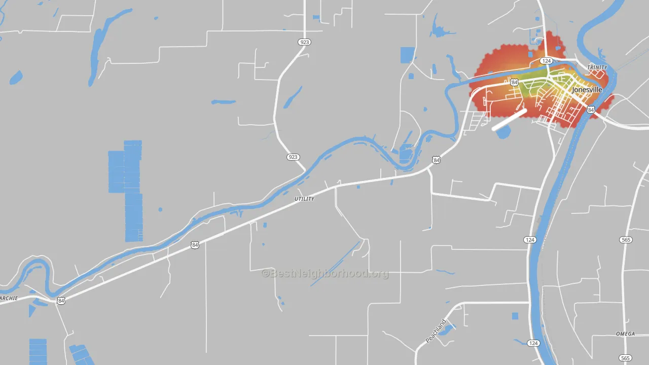 Walk Grade map of Utility, LA, walkable areas in green and car-dependent areas in red