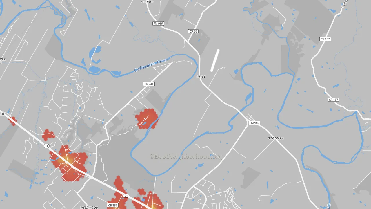 Walk Grade map of Utley, TX, walkable areas in green and car-dependent areas in red