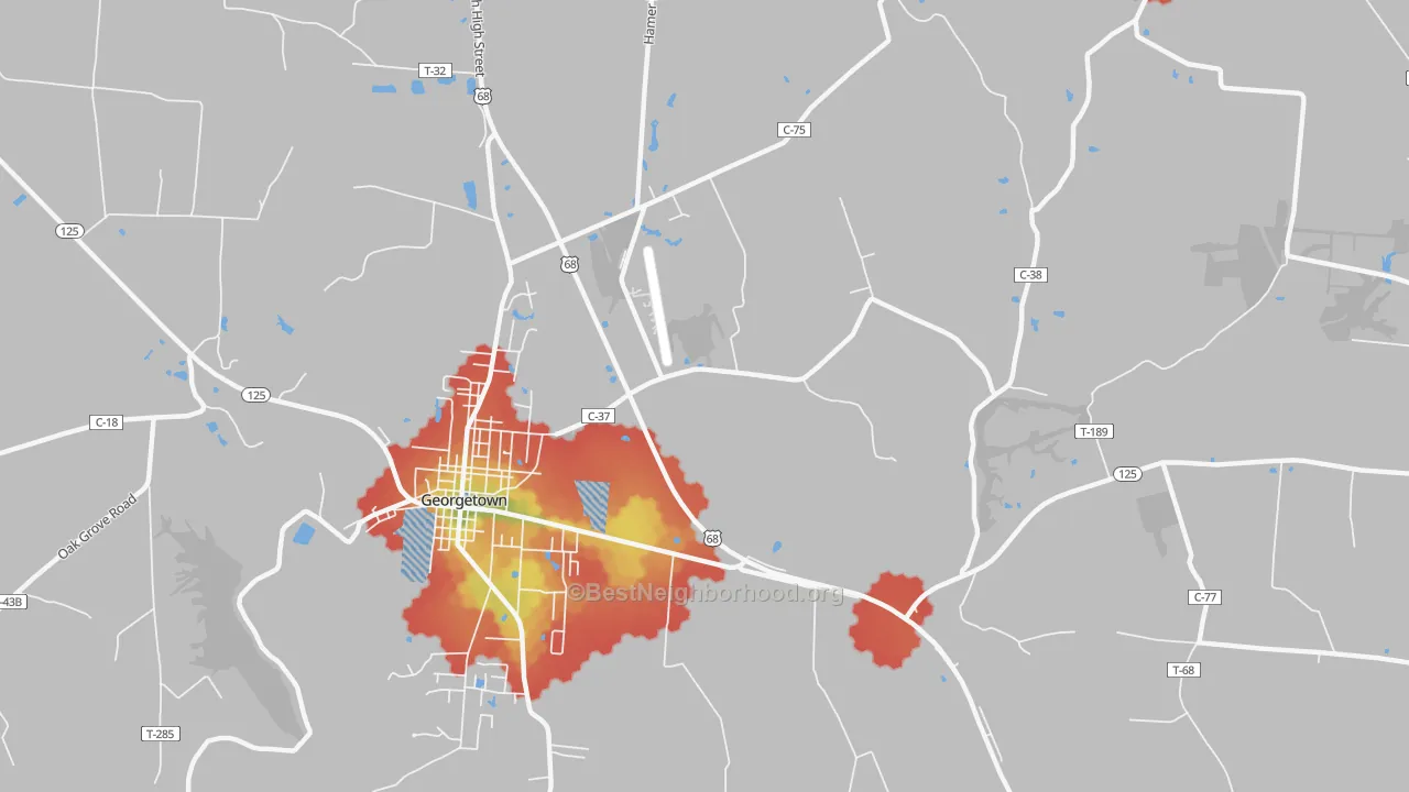 Walk Grade map of Utopia, OH, walkable areas in green and car-dependent areas in red
