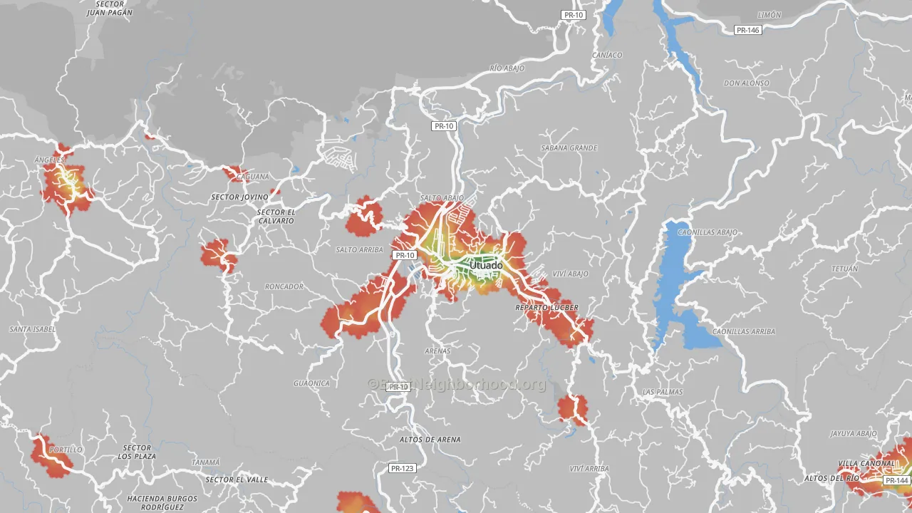 Walk Grade map of Utuado Municipio, PR, walkable areas in green and car-dependent areas in red