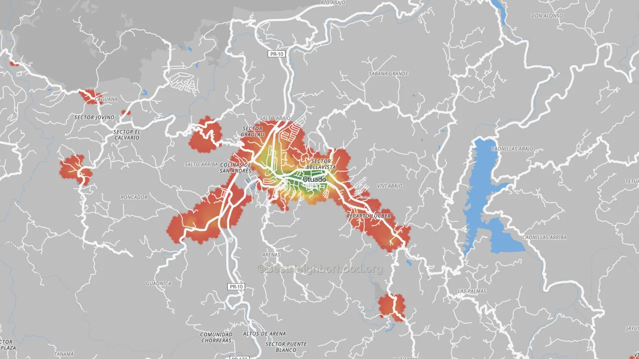 Walk Grade map of Utuado, PR, walkable areas in green and car-dependent areas in red