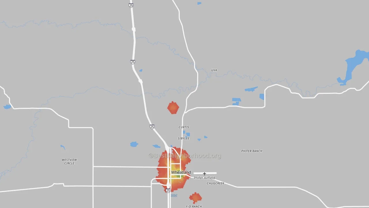 Walk Grade map of Uva, WY, walkable areas in green and car-dependent areas in red
