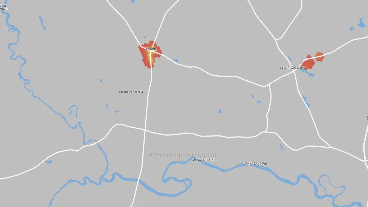 Walk Grade map of Uvalda, GA, walkable areas in green and car-dependent areas in red