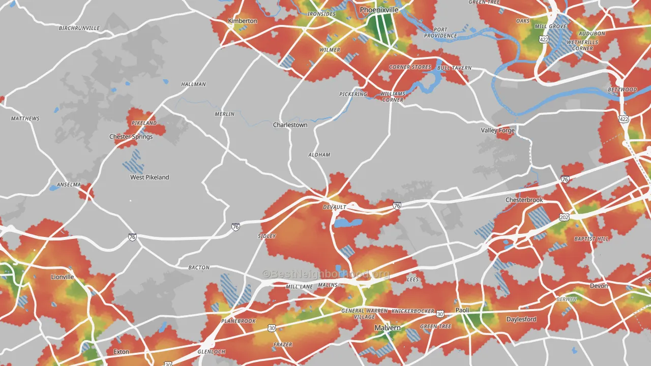 Walk Grade map of Uwchland, PA, walkable areas in green and car-dependent areas in red