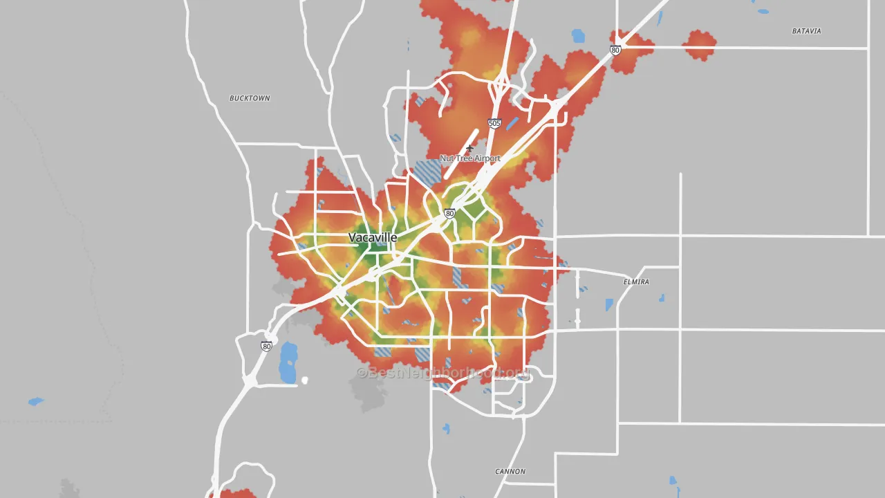 Walk Grade map of Vacaville, CA, walkable areas in green and car-dependent areas in red