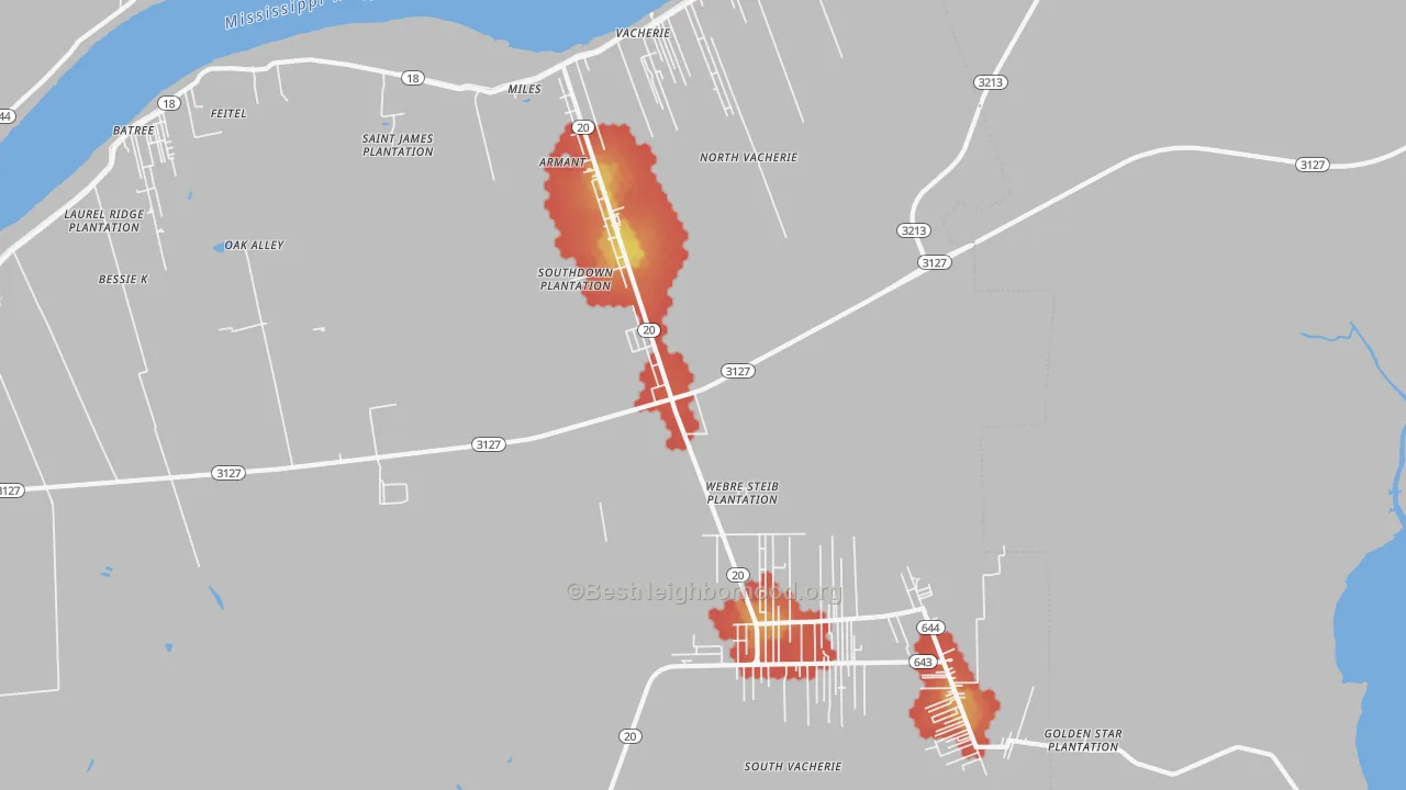 Walk Grade map of Vacherie, LA, walkable areas in green and car-dependent areas in red