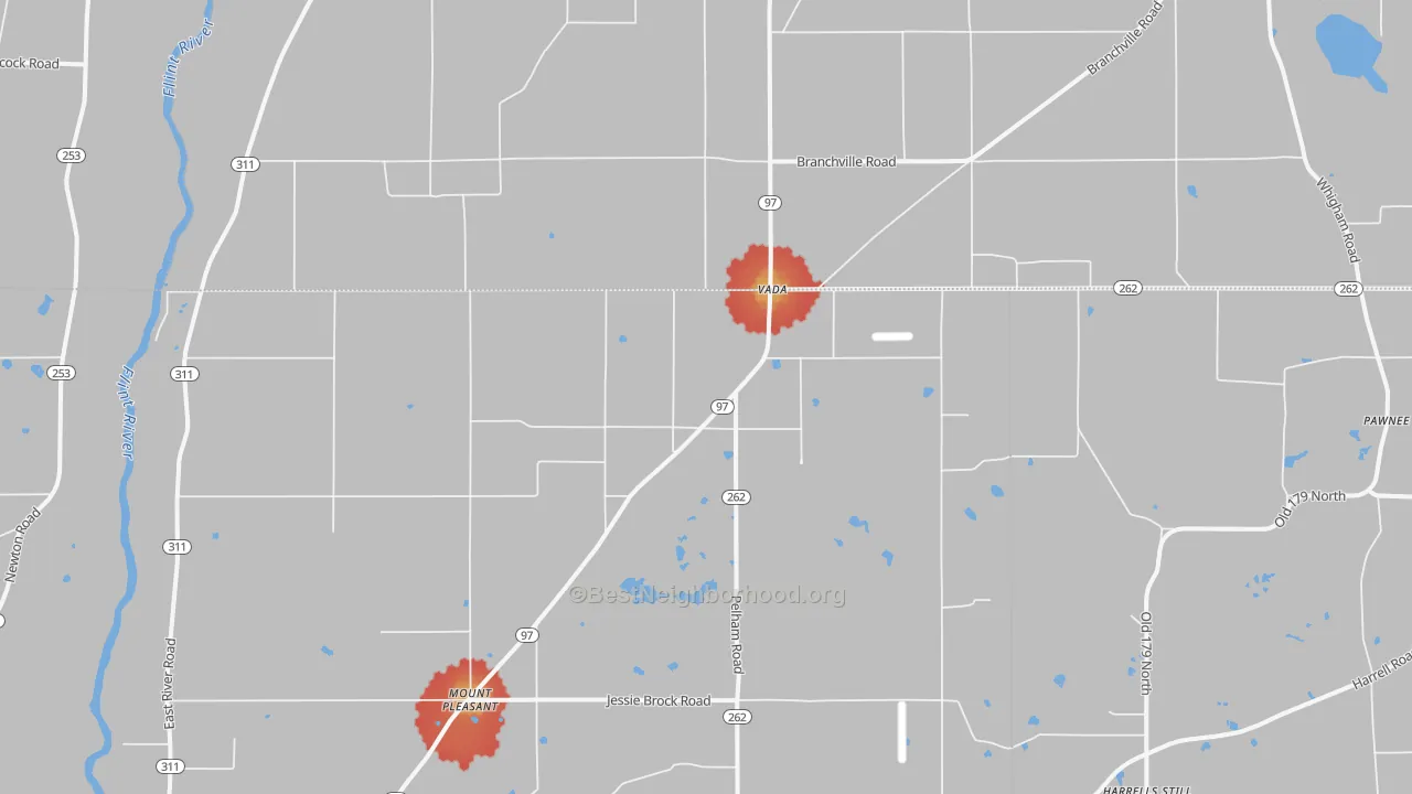 Walk Grade map of Vada, GA, walkable areas in green and car-dependent areas in red