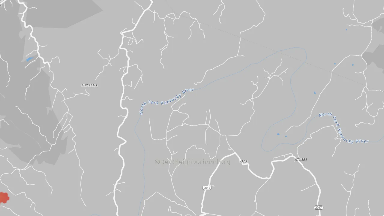 Walk Grade map of Vada, KY, walkable areas in green and car-dependent areas in red