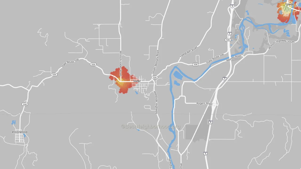 Walk Grade map of Vader, WA, walkable areas in green and car-dependent areas in red