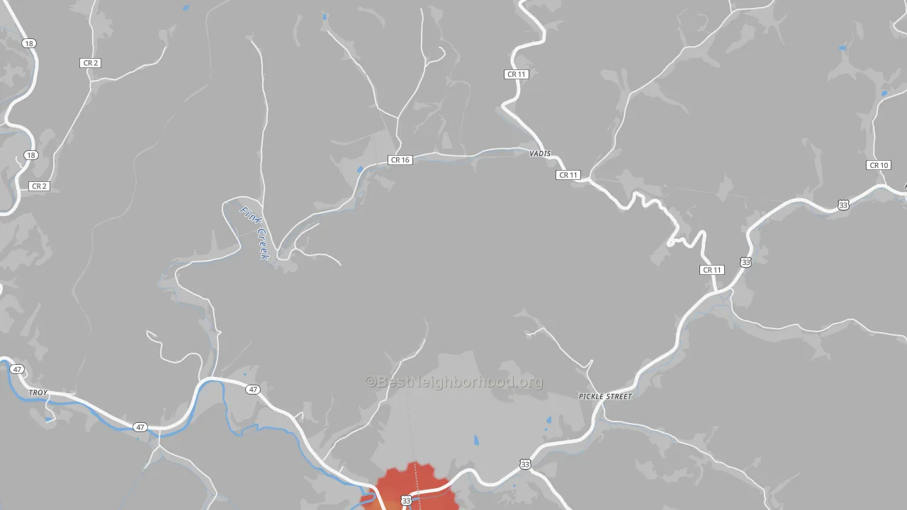 Walk Grade map of Vadis, WV, walkable areas in green and car-dependent areas in red