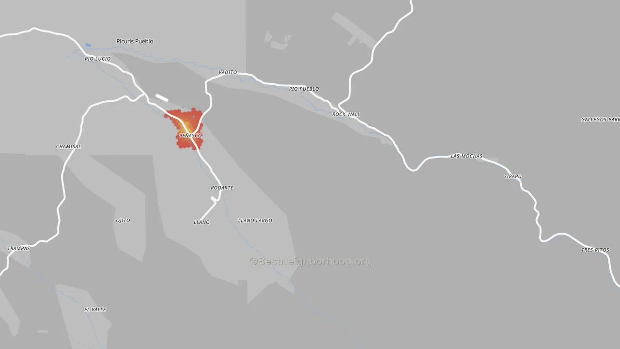Walk Grade map of Vadito, NM, walkable areas in green and car-dependent areas in red