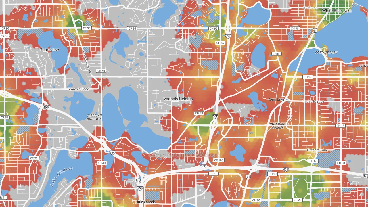 Walk Grade map of Vadnais Heights, MN, walkable areas in green and car-dependent areas in red
