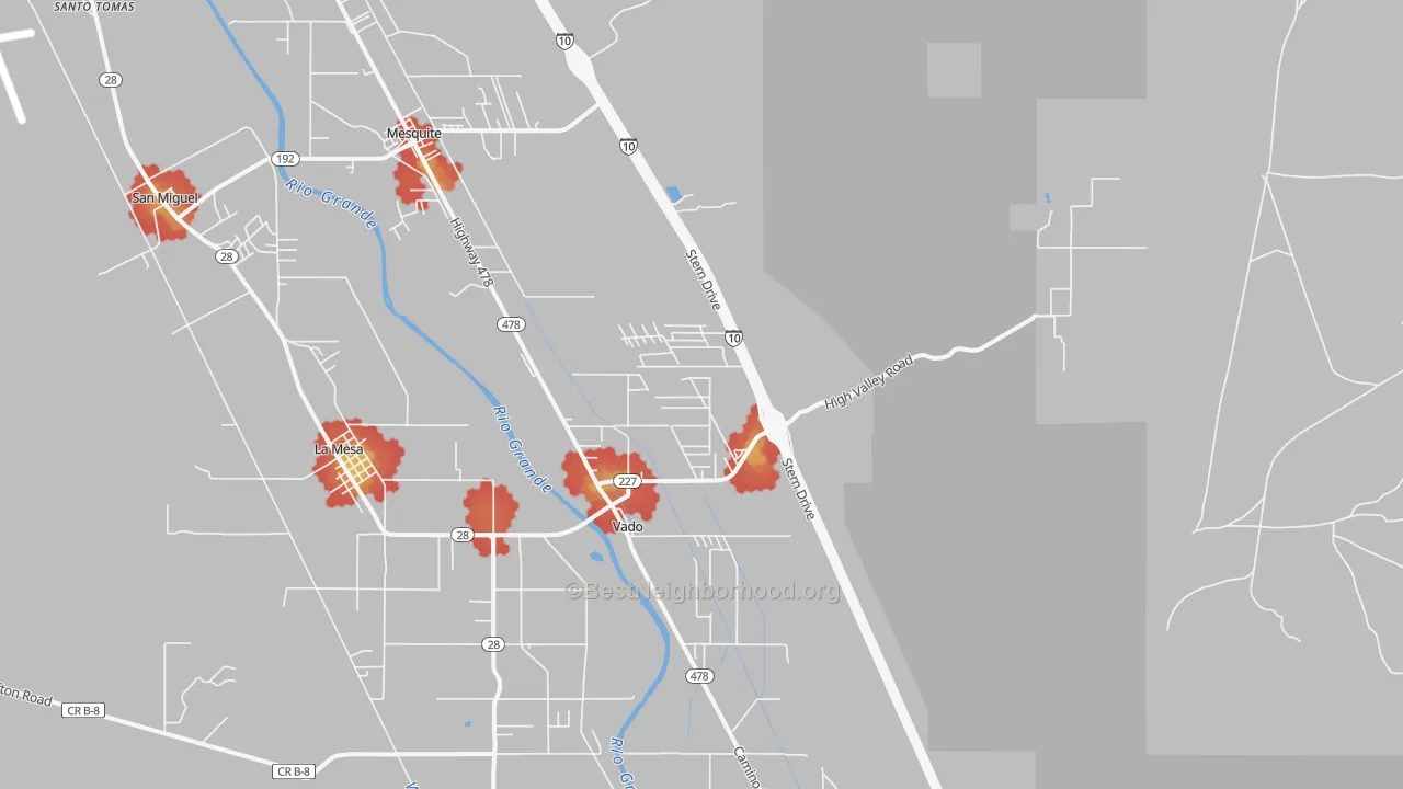 Walk Grade map of Vado, NM, walkable areas in green and car-dependent areas in red