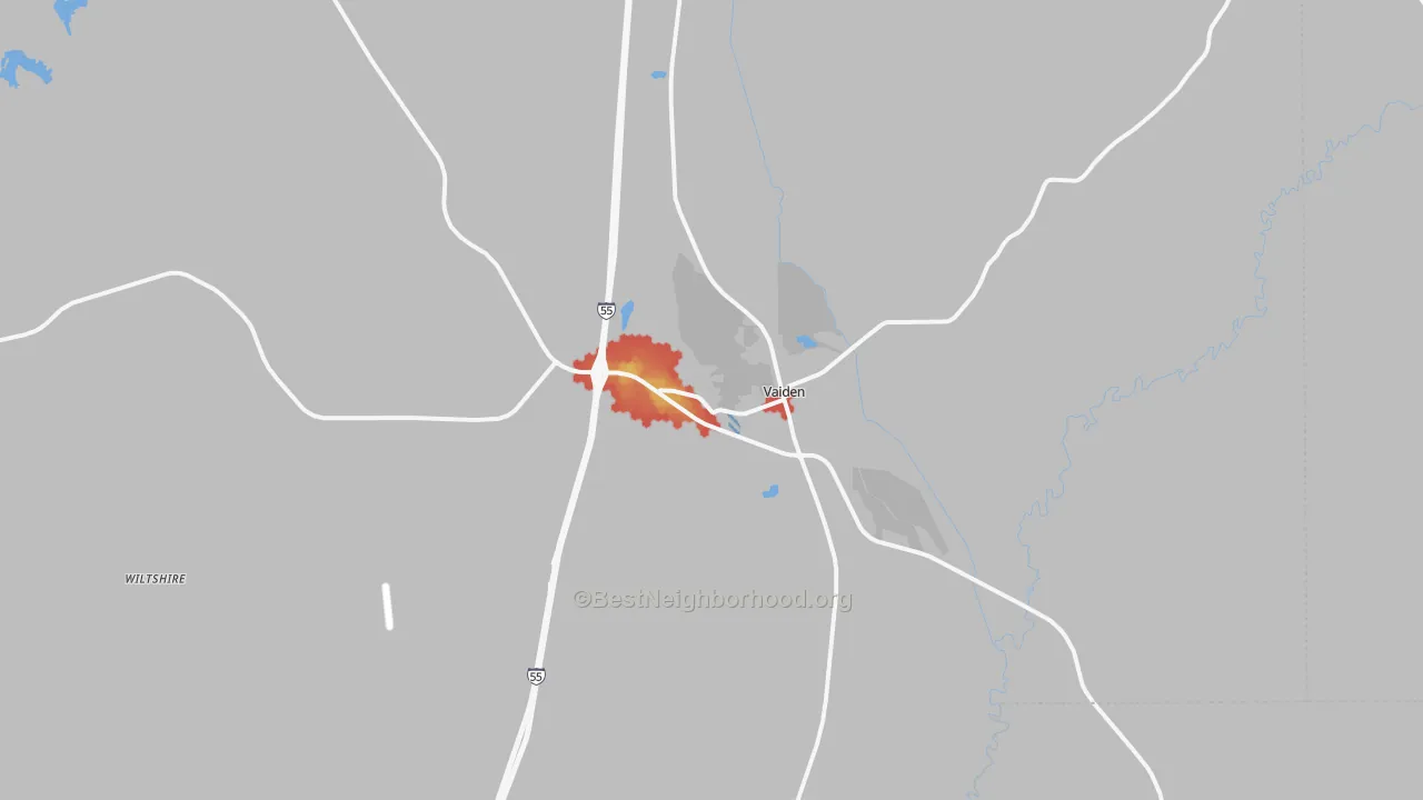 Walk Grade map of Vaiden, MS, walkable areas in green and car-dependent areas in red