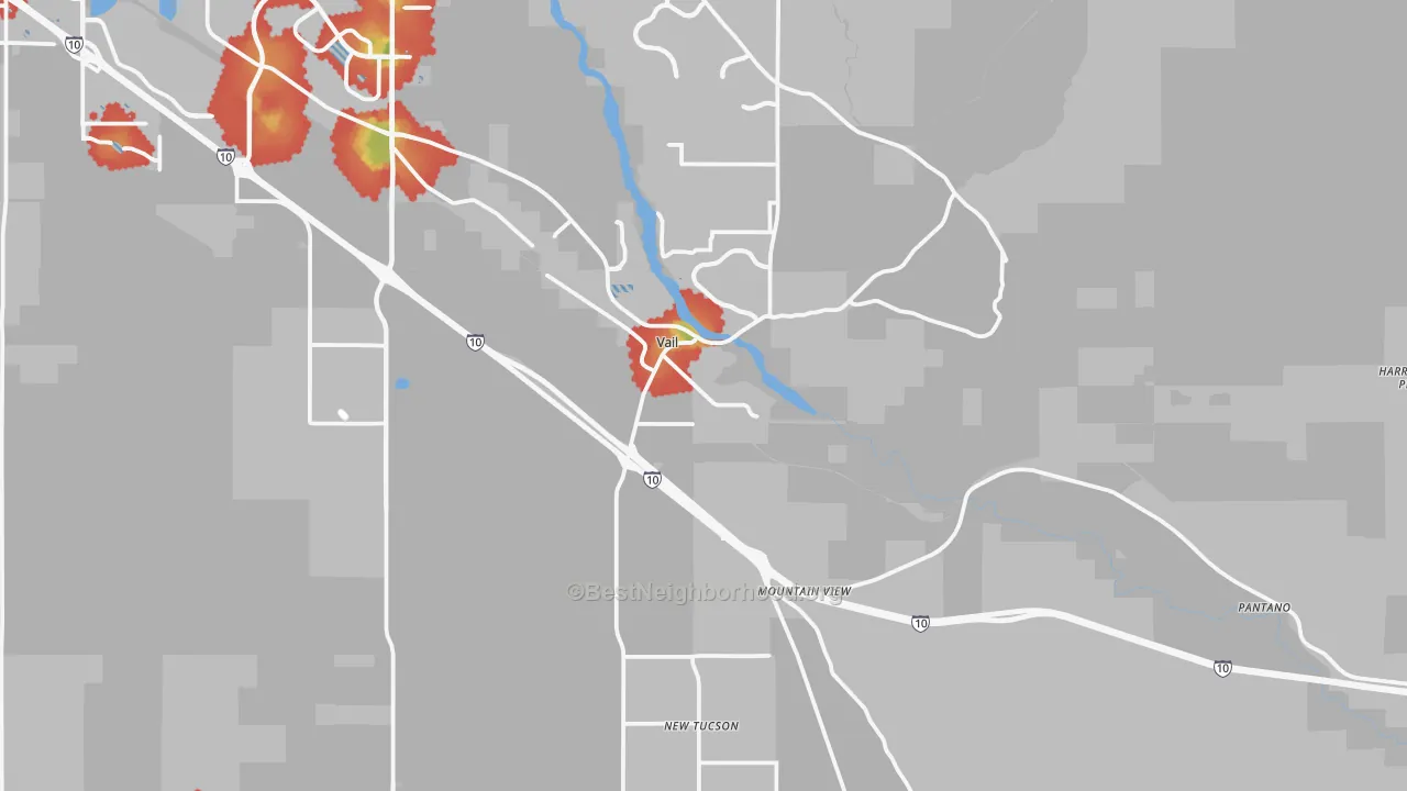 Walk Grade map of Vail, AZ, walkable areas in green and car-dependent areas in red